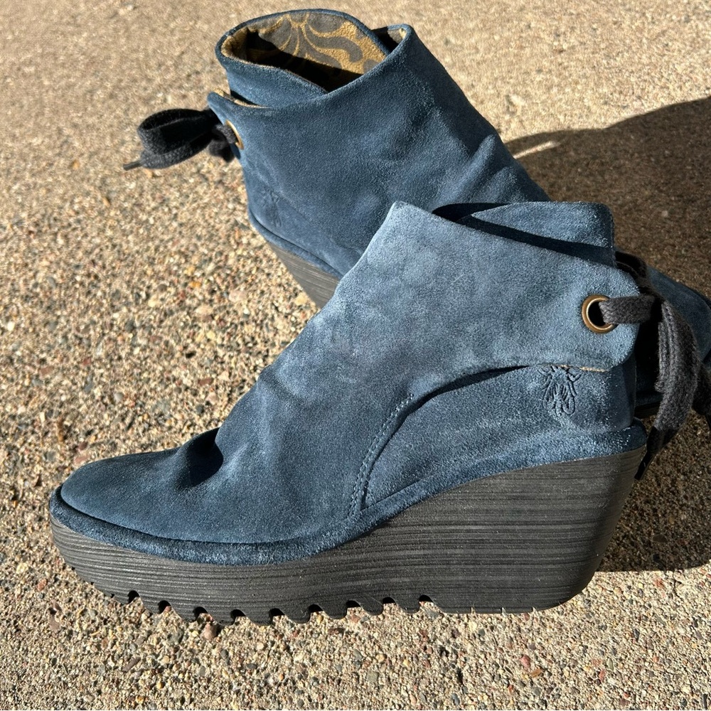 Fly London Blue Suede Wedge Booties Size EU 37
